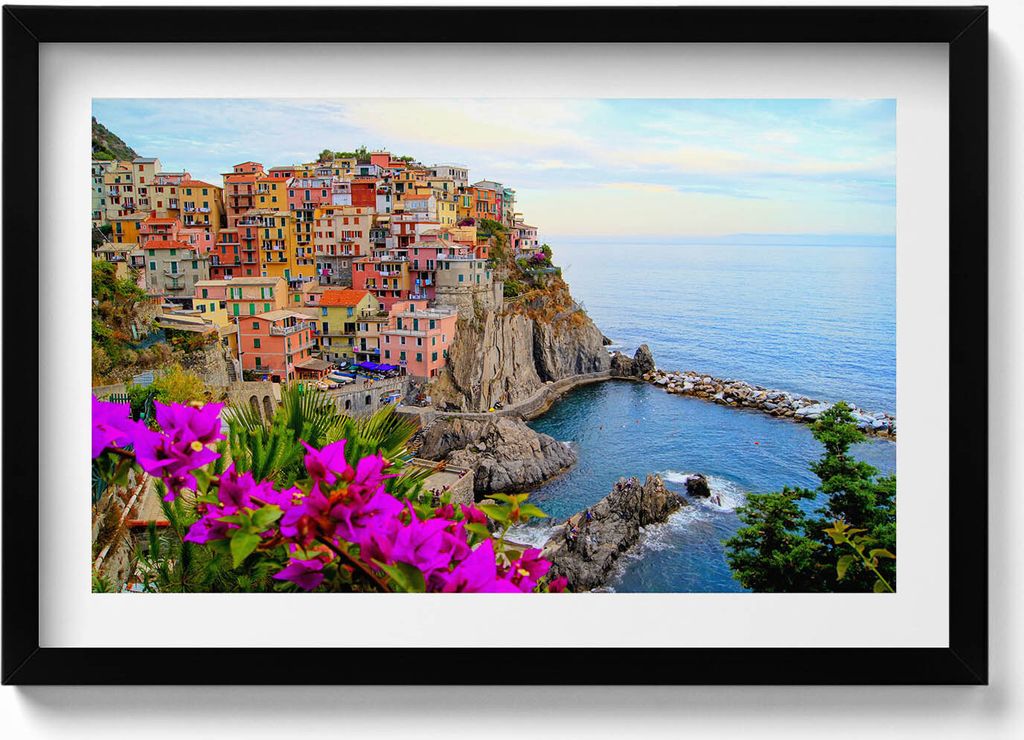 Blumen und die Küste der Cinque Terre Italien– Wandbild mit Rahmen – Gerahmtes Bild – Wanddekoration – 60x40 cm – Schwarz Rahmen