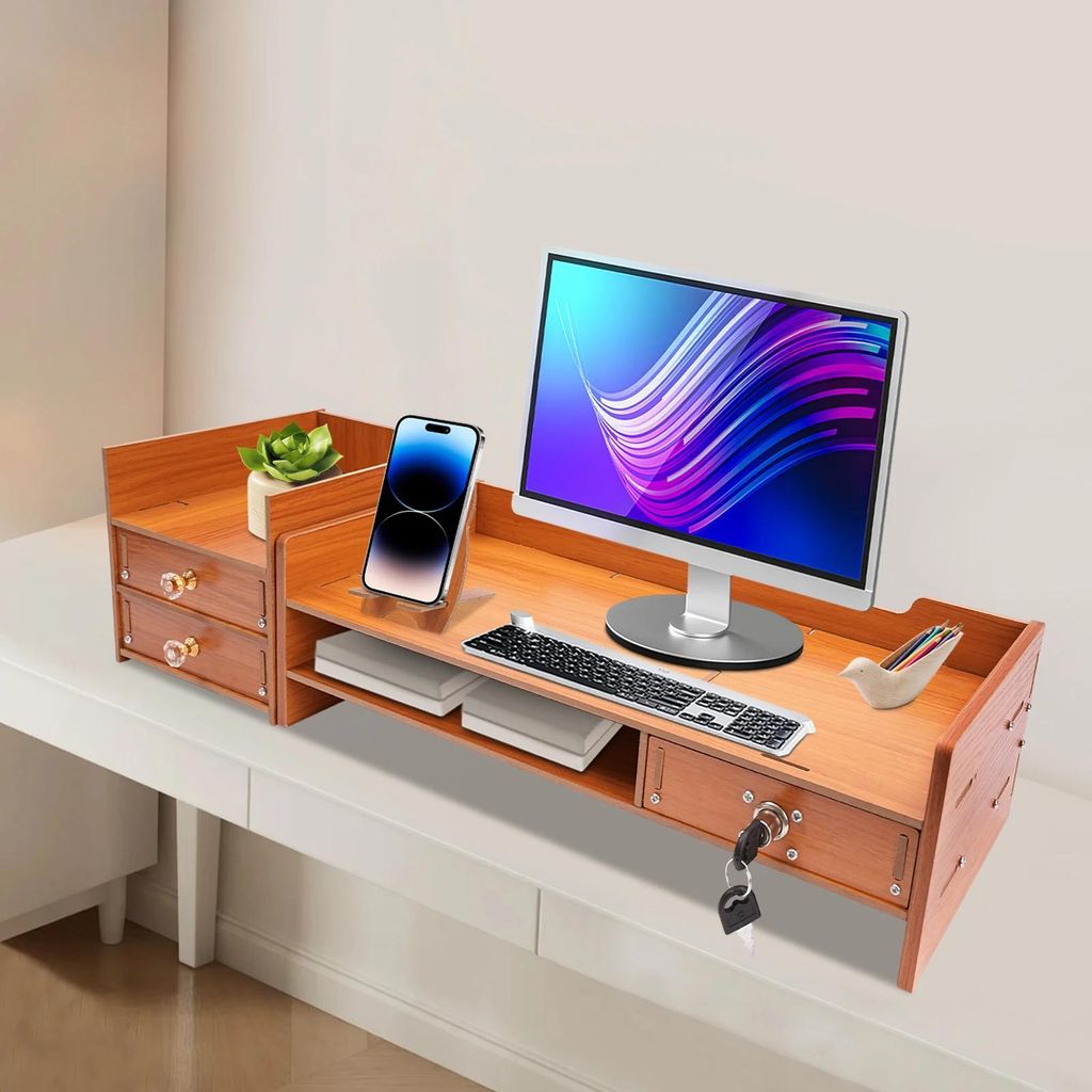 Schreibtisch-Organizer aus Holz, Modell 1, mit Schublade & Aktenablage, Monitorerhöhung/Computerständer, in Orange