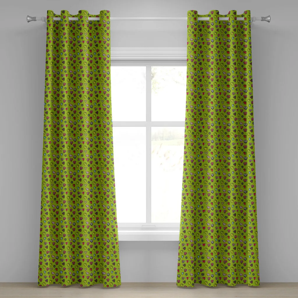 ABAKUHAUS Tenda con occhielli, cuori disegnati a mano di varie forme e dimensioni che simboleggiano amore e affetto, tende decorative a 2 pannelli, 280 cm x 175 cm, verde avocado e rosso.