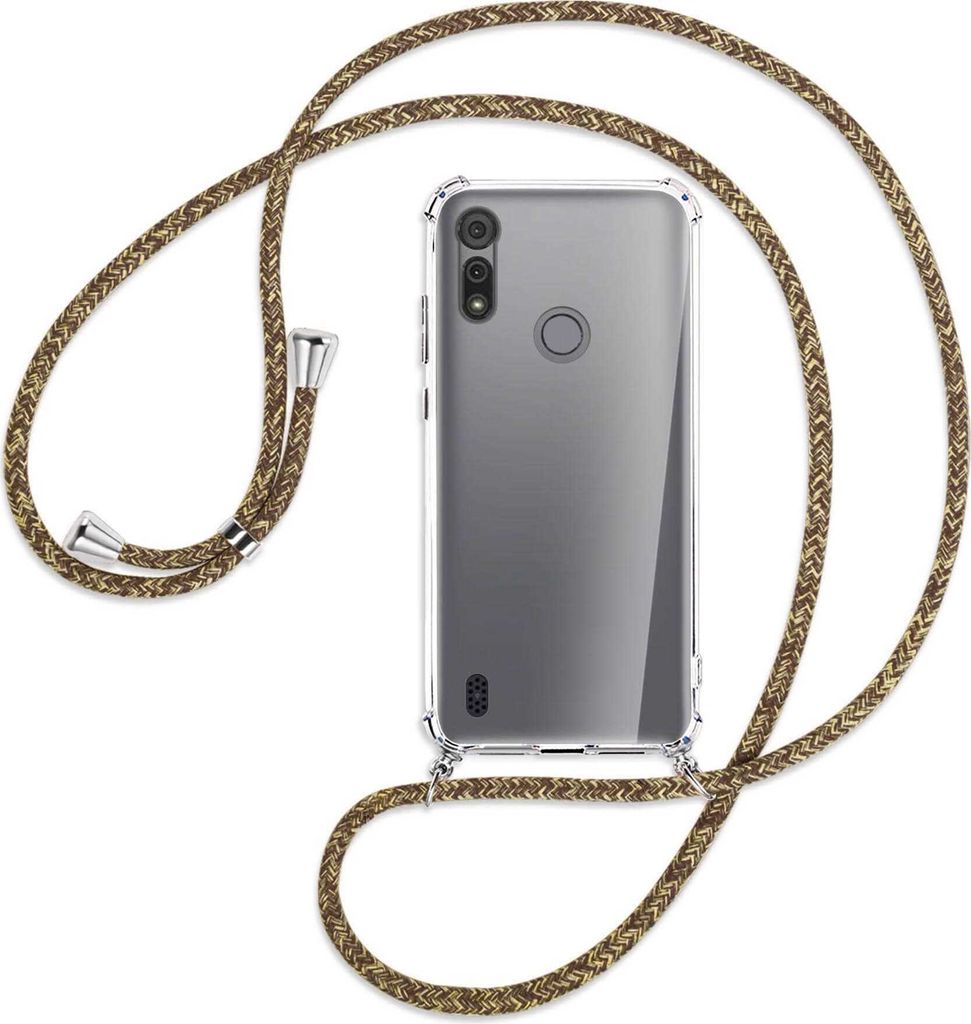 Handykette Backcover-Schutzhülle mit Band (Metall silberfarben) für Motorola Moto E6s - braun+beige