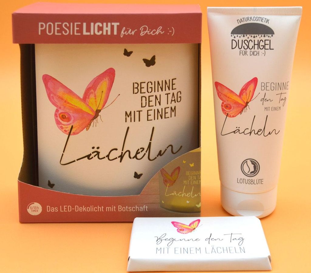 Geschenkset Poesielicht Lächeln, Duschbad und Schokolade