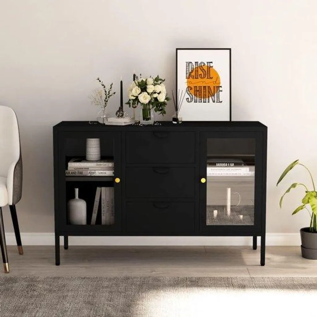 Armoire en acier et verre trempé 105x35x70 cm - Buffet moderne à tiroirs