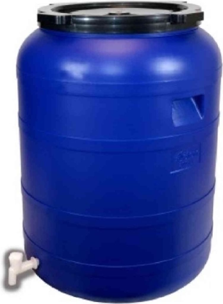 A blue plastic barrel with a black lid and a white spigot at the bottom, set against a white background.