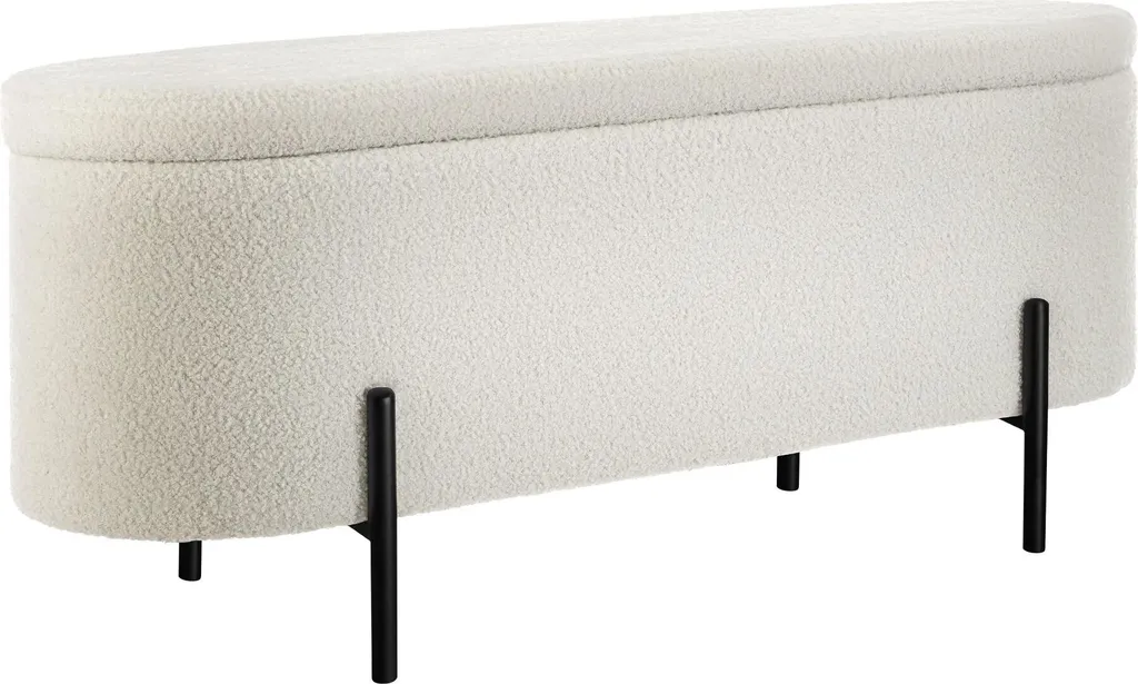 Banc LANJA rembourré en tissu bouclé crème avec coffre de rangement