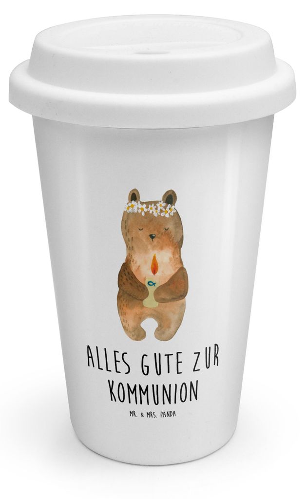 Mr. & Mrs. Panda Thermokaffeebecher Bär Kommunion - Weiß - Geschenk, ToGo Kaffeebecher, Trinkbecher To Go, Gottes Segen, Taufkerze, Teddy, Thermo...