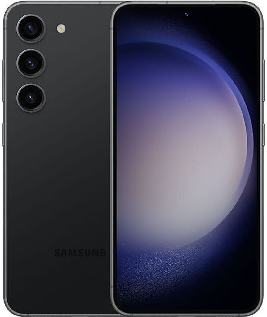A black Samsung Galaxy S23 smartphone is shown from the back and front.