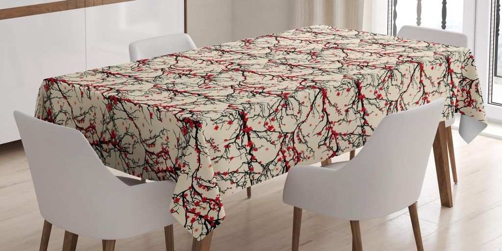 ABAKUHAUS Kirschblüte Tischdecke, Klare japanische Garten-Baumast-asiatische Natur spornte Verzierungen an, 140 x 200 cm, Beige Scarlet Black