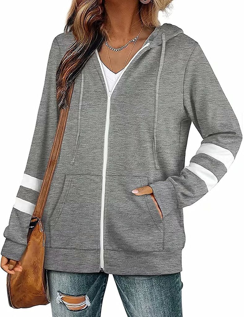 ASKSA Damen Kapuzenpullover Sweatjacke Kordelzug Full Zip Langarm Streifen mit Taschen, Hellgrau, M