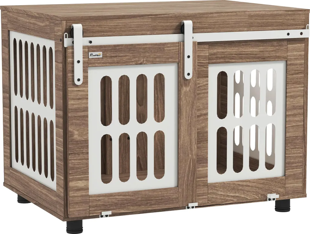 Niche d'intérieur bois noyer pour chien moyen avec table d'appoint