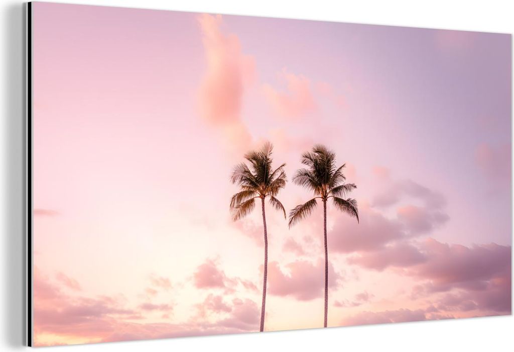 MuchoWow Wanddekoration Metall Metallbild Wandkunst 120x60 cm Palmen - Lila - Wolken - Himmel MuchoWow Aluminium Gemälde - Metalbilder