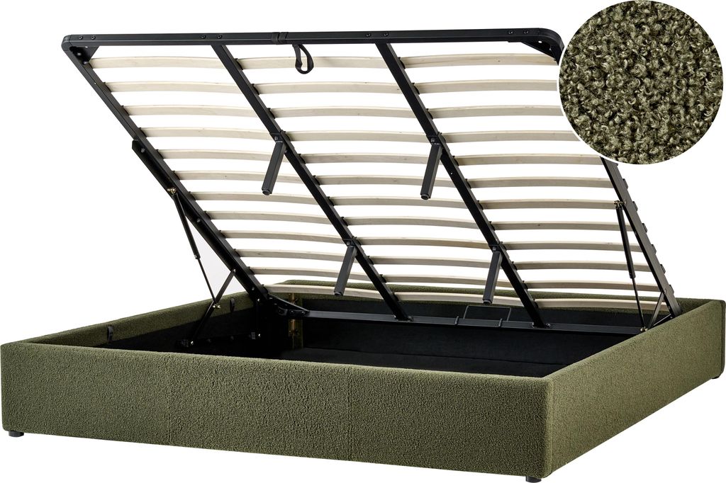 BELIANI Polsterbett Dunkelgrün Bouclé Stoffbezug mit Lattenrost 180 x 200 cm Hochklappbar Bettkasten Skandi Modern Doppelbett Schlafzimmer Aussta...