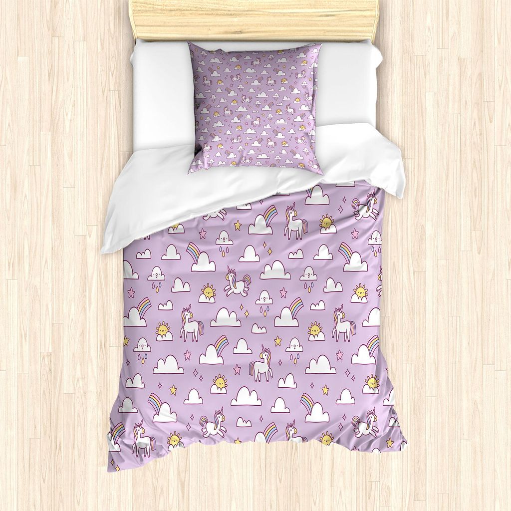 ABAKUHAUS Unicorn-Party Bettbezug Set, Regenbogen mit mythischen Tieren und Sternen auf Pastell farbigen Himmel Hintergrund, 135 x 200 cm + 80 x 80...