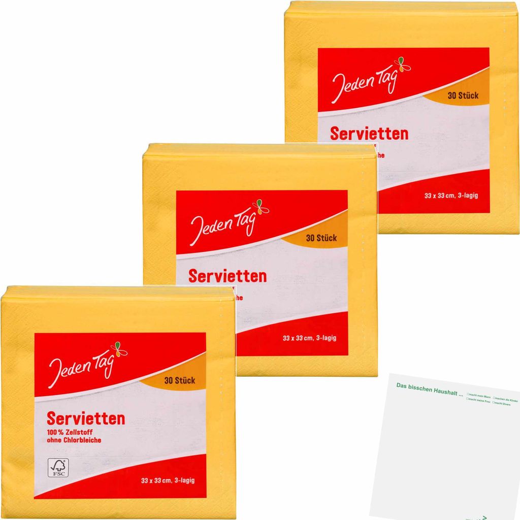 Jeden Tag Servietten 33x33cm sonnengelb 3lg 3er Pack (3x30Stk) + usy Block