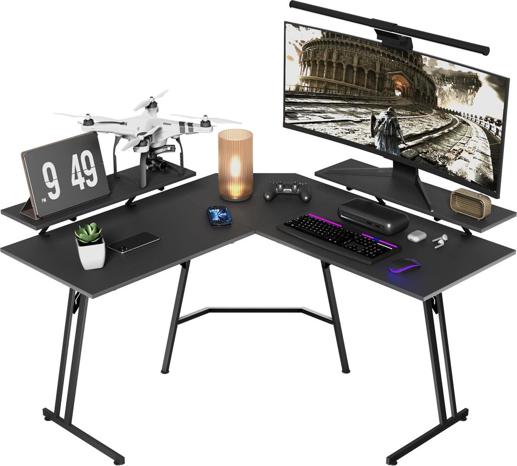 TRMLBE Gaming Tisch mit Runder Ecke, Gamingtisch Schwarz Schreibtisch Kohlefaserplatte Gamer Computertisch Ergonomischer PC Tisch inkl. Monitorablage