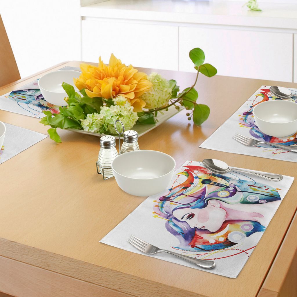 ABAKUHAUS Kunst Platzmatten, Schöne Grunge inspirierte Junge Frau mit Rainbow Colored Hair Abstract Aquarell Art, Tiscjdeco aus Farbfesten Stoff f...