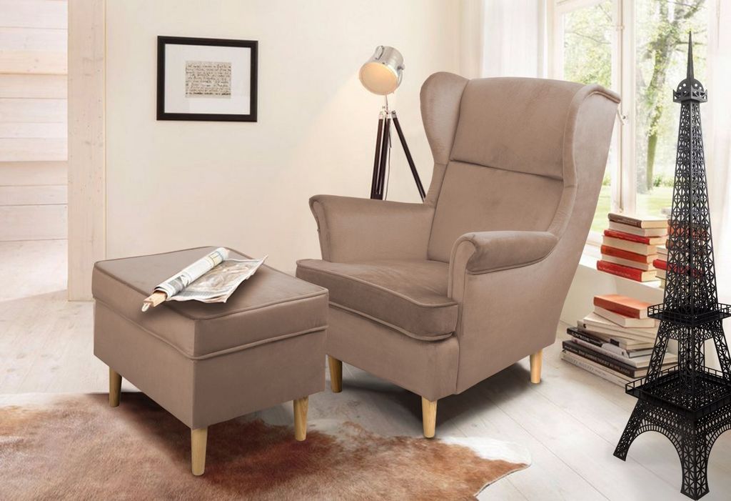 Ohrensessel Teramo mit Hocker Hocker bequemer Sessel Wohnung Relaxsessel (Kronos 27 - rosa)