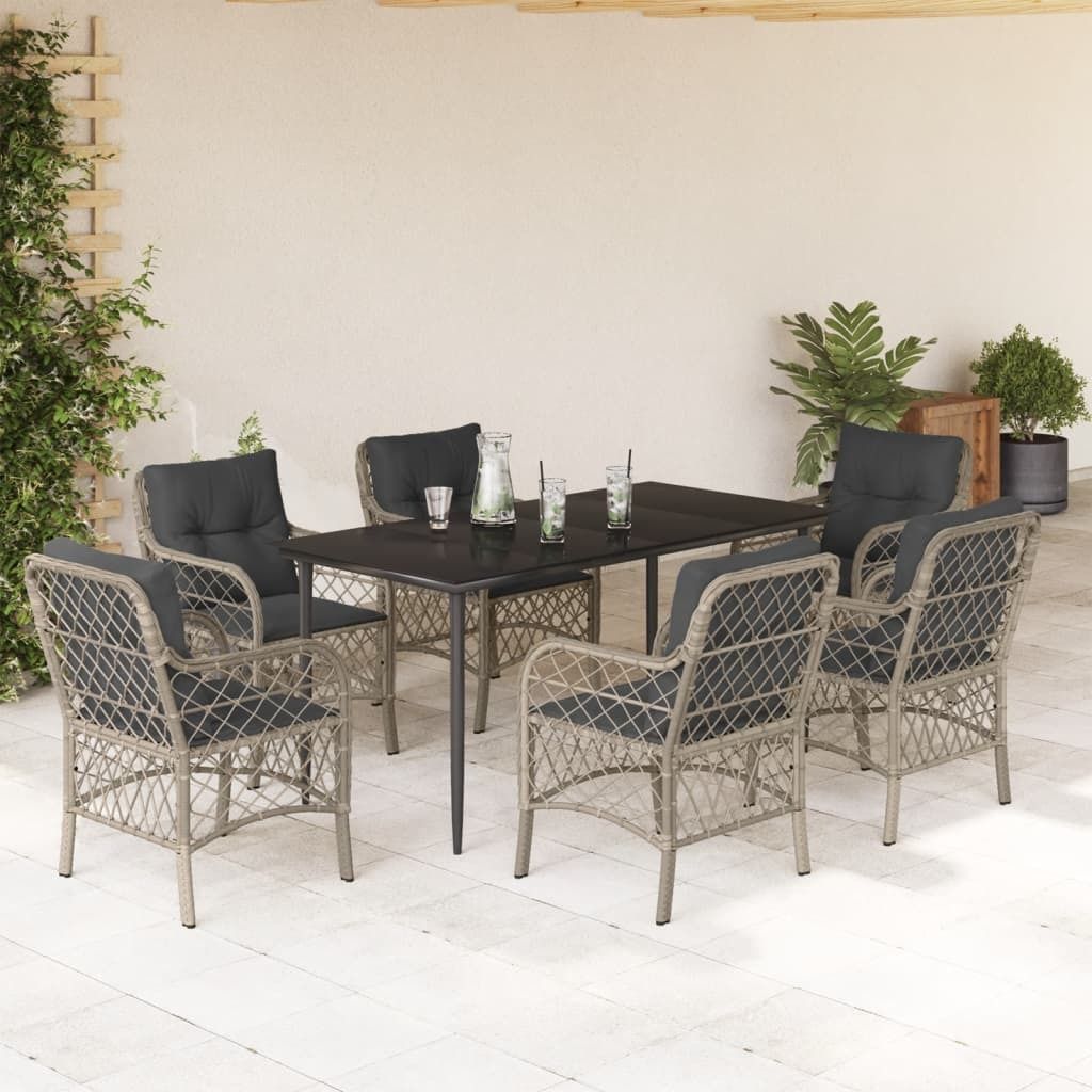 "Rabatt" 7-tlg. Garten-Essgruppe - mit tishe & Stuhl - mit Kissen Hellgrau Poly Rattan - Lounge-Dining set CC9409