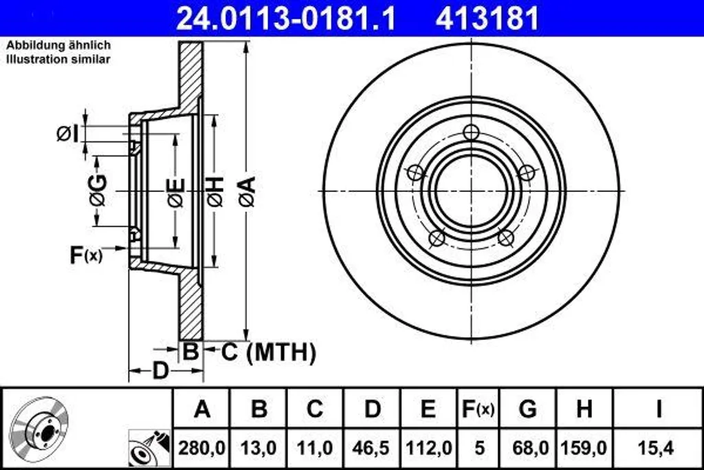 Disque de frein de remplacement Audi A4 8D ATE 24.0113-0181.1 288mm