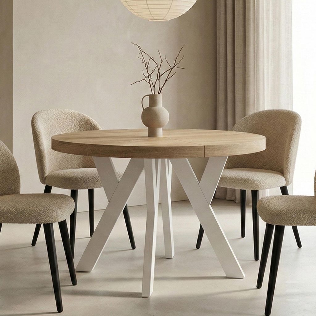 Runder Ausziehbarer Tisch für Esszimmer, PERO, Loft-Stil, Skandinavische, Durchmesser: 90 / 140 cm, Farbe: Sonoma / Weiss