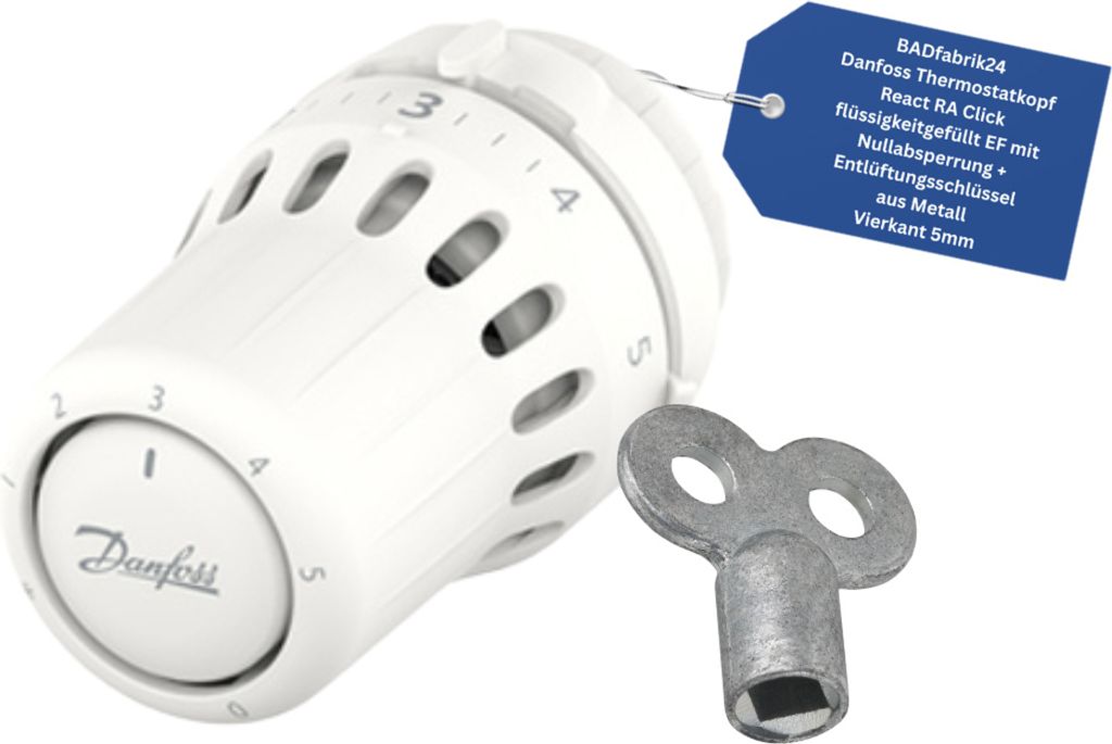 BADfabrik24 Danfoss Thermostatkopf React RA Click flüssigkeitgefüllt EF mit Nullabsperrung + Entlüftungsschlüssel aus Metall, Vierkant 5mm 1 St...