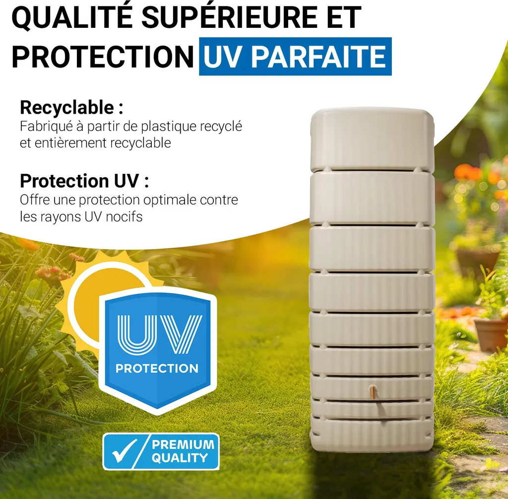 Récupérateur d'eau de pluie 650L SLIM sable 4rain avec robinet chic