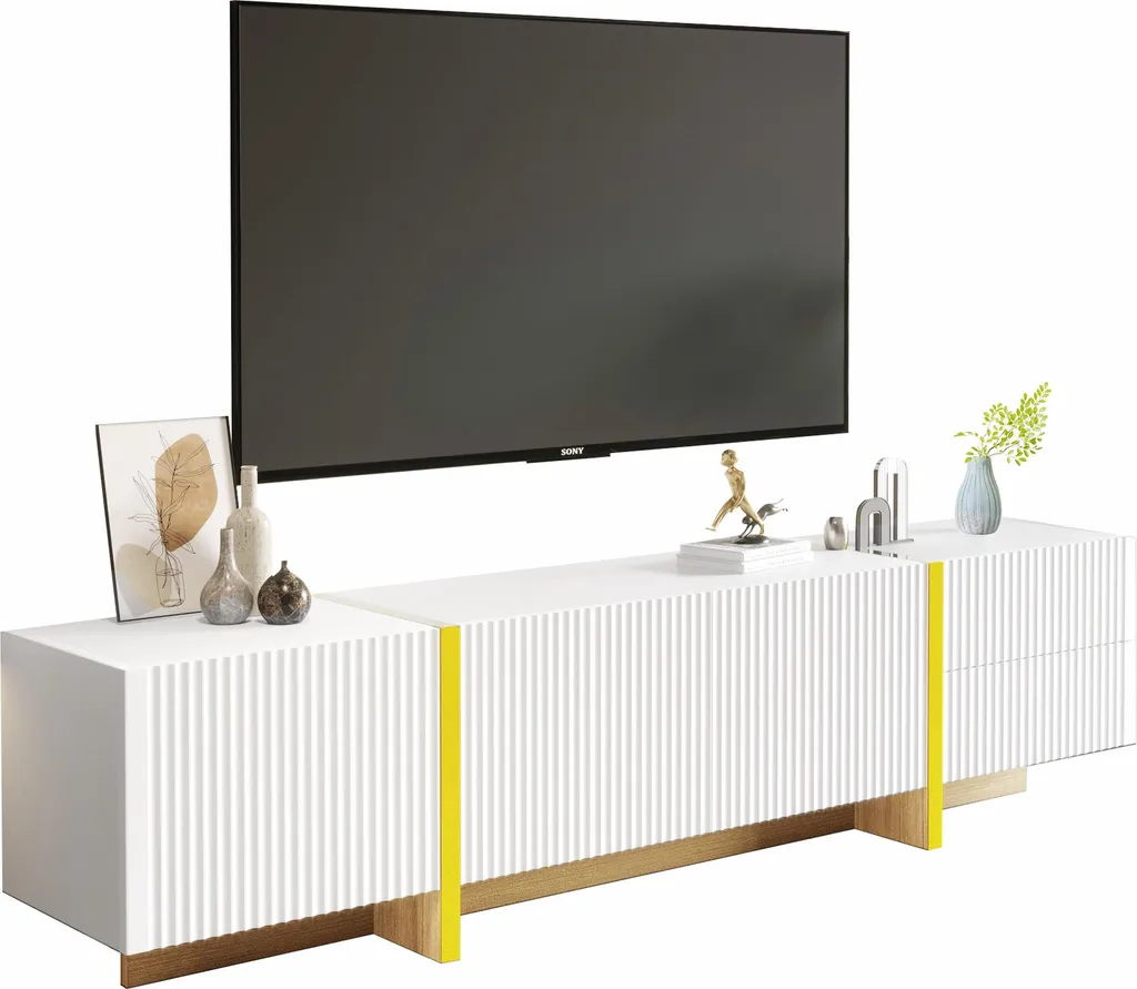 Banc TV Design Blanc et Chêne 190 cm - Grand Meuble de Rangement Salon