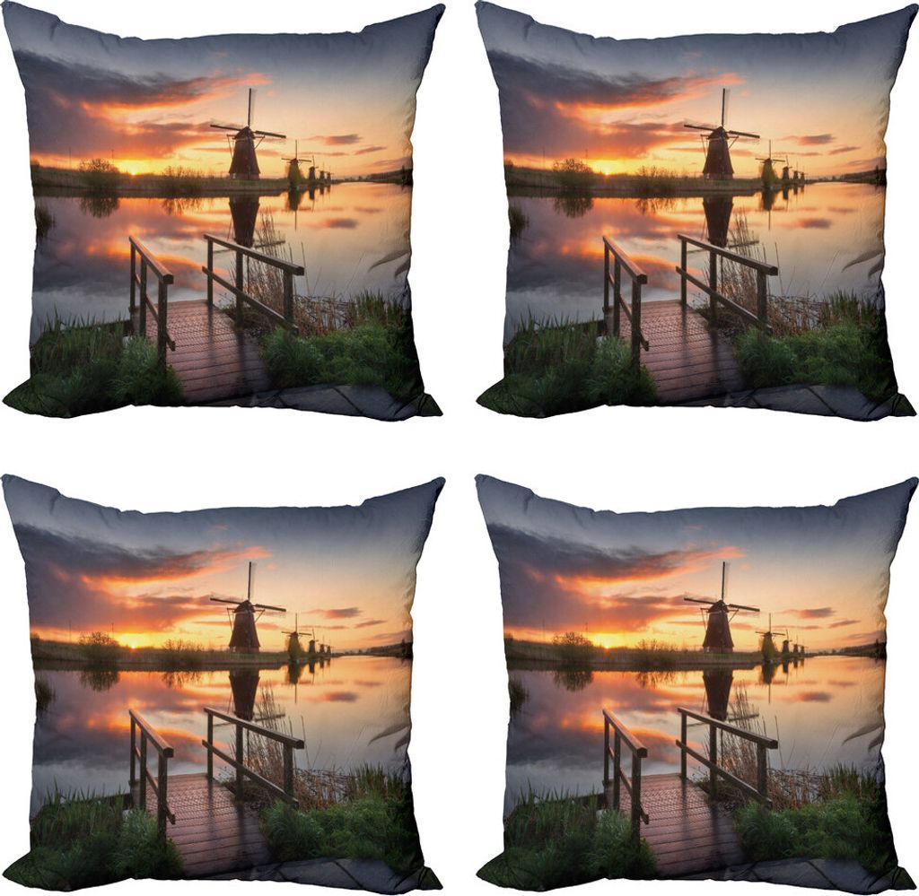 ABAKUHAUS Natur Kissenbezug Set (4 Stück), Holländische Windmühle Fluss, Moderner Doppelseitiger Digitaldruck, 50 cm x 50 cm, Orange Blue