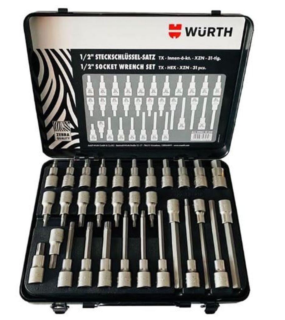WÜRTH Zebra Steckschklüssel 1/2 Zoll Steckschlüsseleinsätze 31 Teile (Größe: 1 Set)