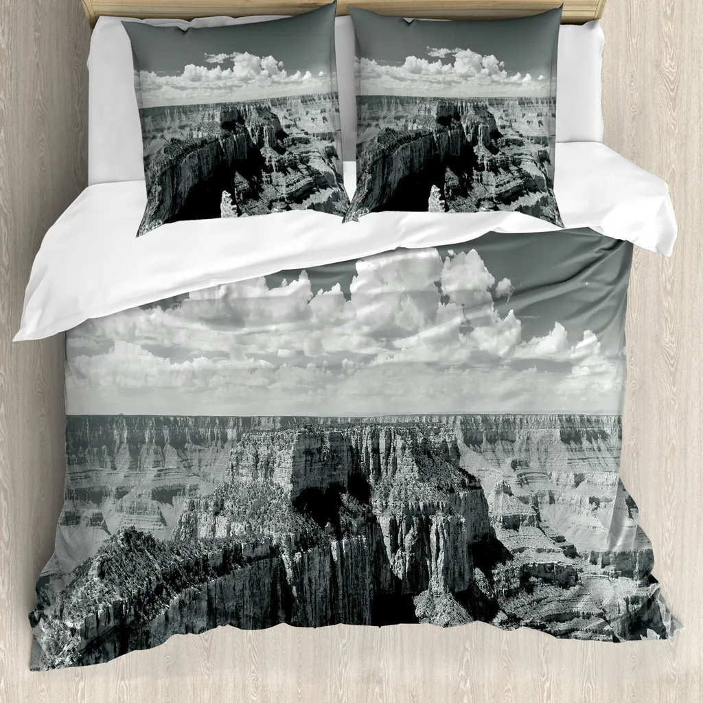 ABAKUHAUS Copripiumino americano, Grand Canyon nostalgico, antiacaro, adatto a chi soffre di allergie, con federe, 155 cm x 220 cm - 80 x 80 cm, grigio