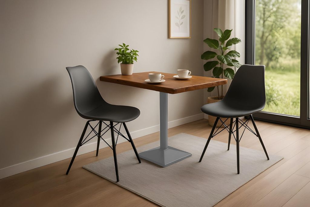 Bistrotisch Iris, Akazienholz massiv + nussbaumfarben, echte Baumkante, Baumkantentisch mit Säulen-Gestell aus Eisen Silber, Säulentisch/Esstisch...