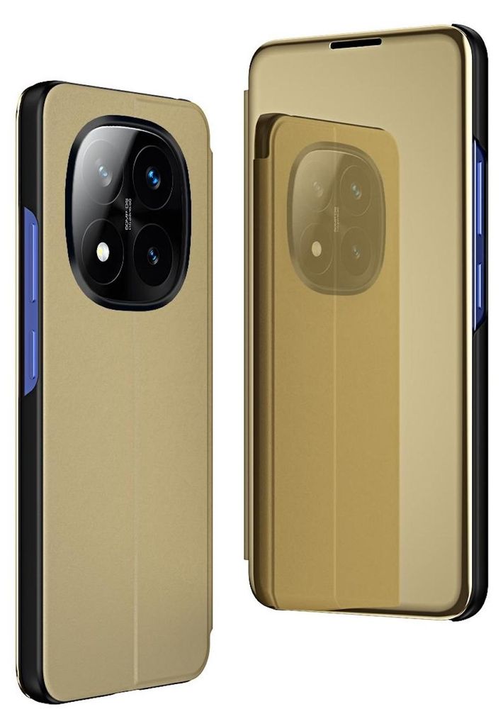 Two views of a gold smartphone case with a camera module.