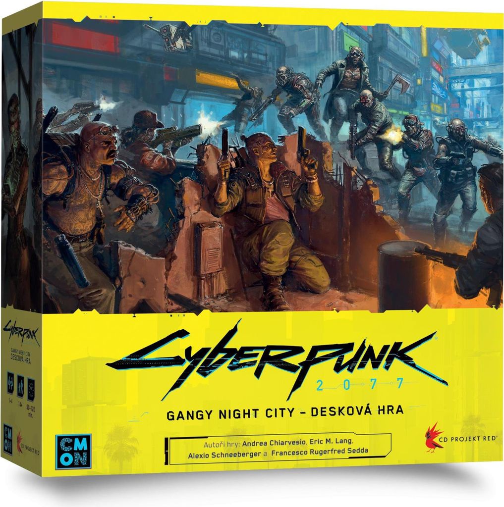 The image shows the box art for the Cyberpunk 2077: Gangs of Night City board game. The art depicts a chaotic street battle scene with several characters in a futuristic, dystopian setting.