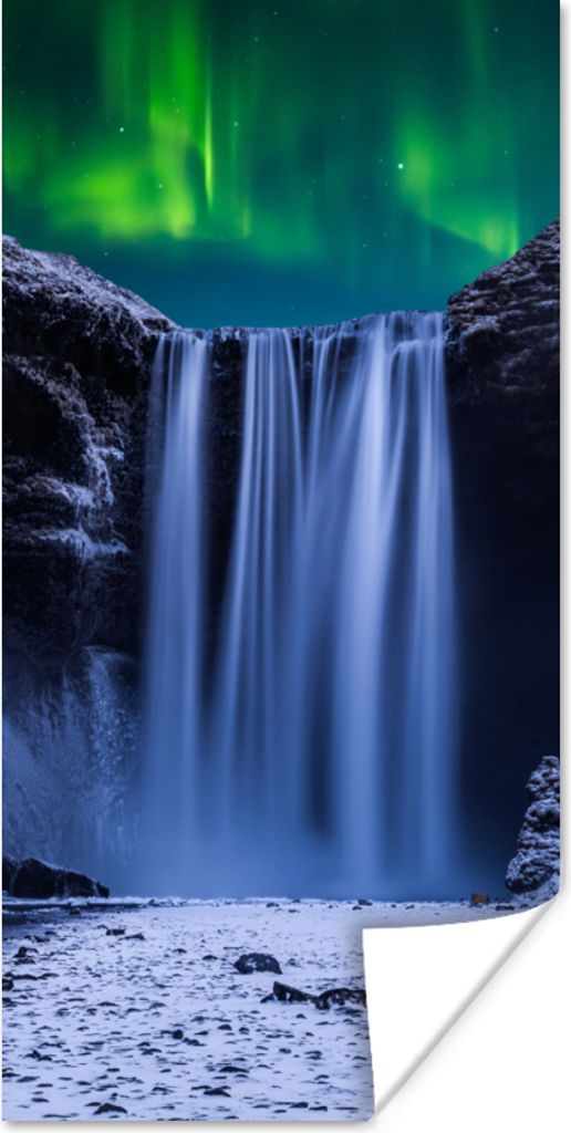 MuchoWow Poster Nordlichter - Wasserfall - Schnee - Island 40x80 cm - Dekoration