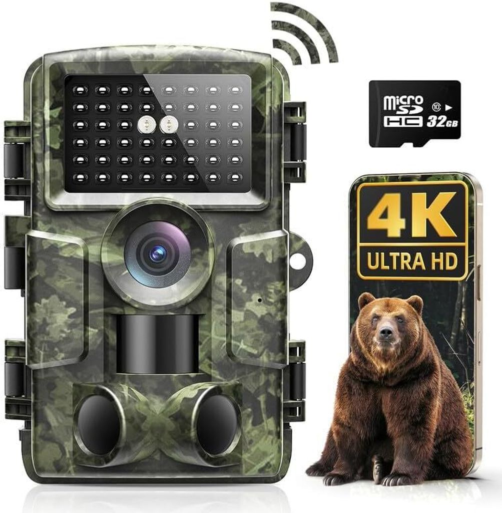 4K 60MP WiFi Wildkamera mit App, IP66 wasserdichte Nachtsichtkamera, Jagdkamera mit Bewegungsmelder, Tierüberwachungskamera inkl. 32GB Speicherkarte