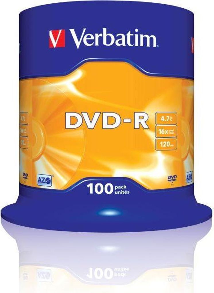 A spindle of Verbatim DVD-R discs.