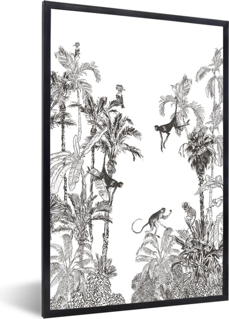 MuchoWow Gerahmtes Poster Dschungel - Schwarz - Weiß - Affe 40x60 cm - Poster mit Schwarzem Bilderrahmen Wandposter Rahmen Foto Bilder - Papierd...