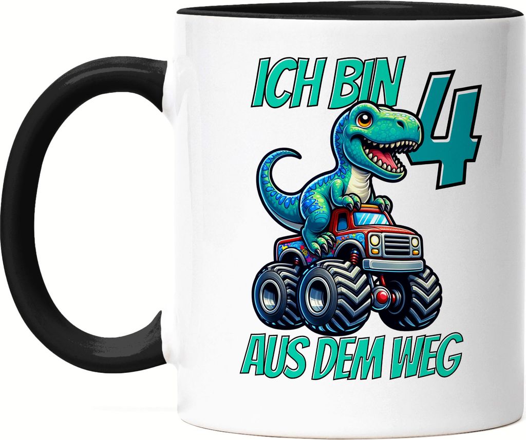 Kinder 4. Geburtstag Tasse Schwarz Dino Dinosaurier Auto 4 Jahre Junge Monstertruck