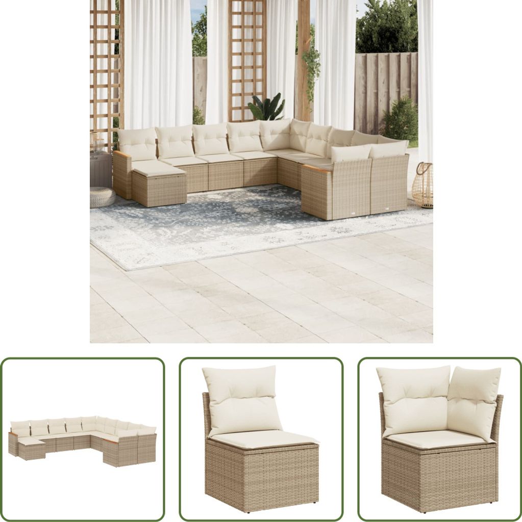 The Living Store 11-tlg. Garten-Sofagarnitur mit Kissen Beige Poly Rattan
