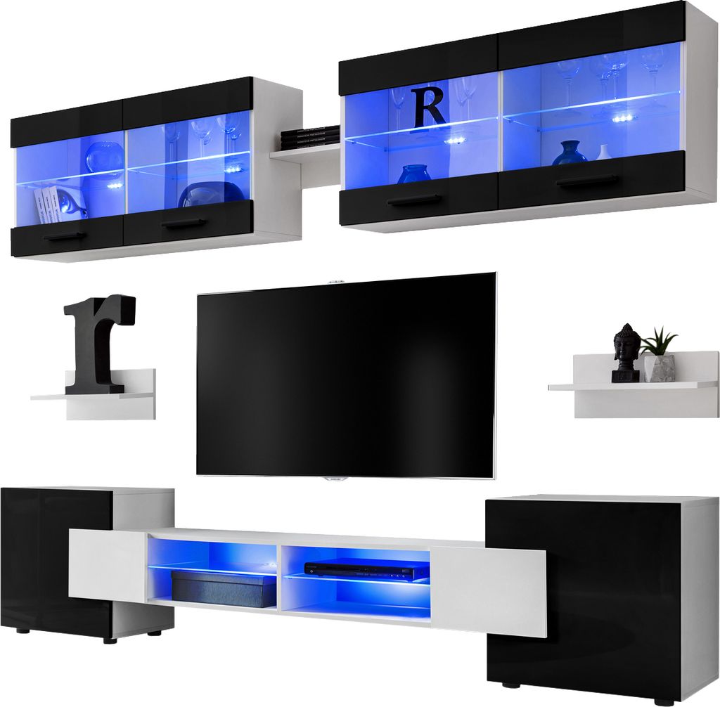 Komodee | Wohnwand, Wohnzimmerset RTV Foggia, Korpus Weiß Matt Frontfarbe Schwarz Hochglanz
