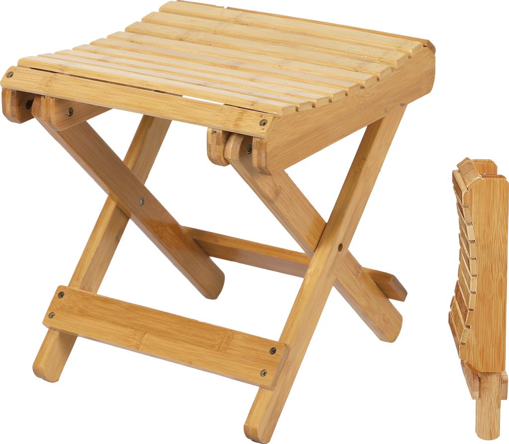 A wooden folding stool is shown in a product shot, along with a folded view of the stool.