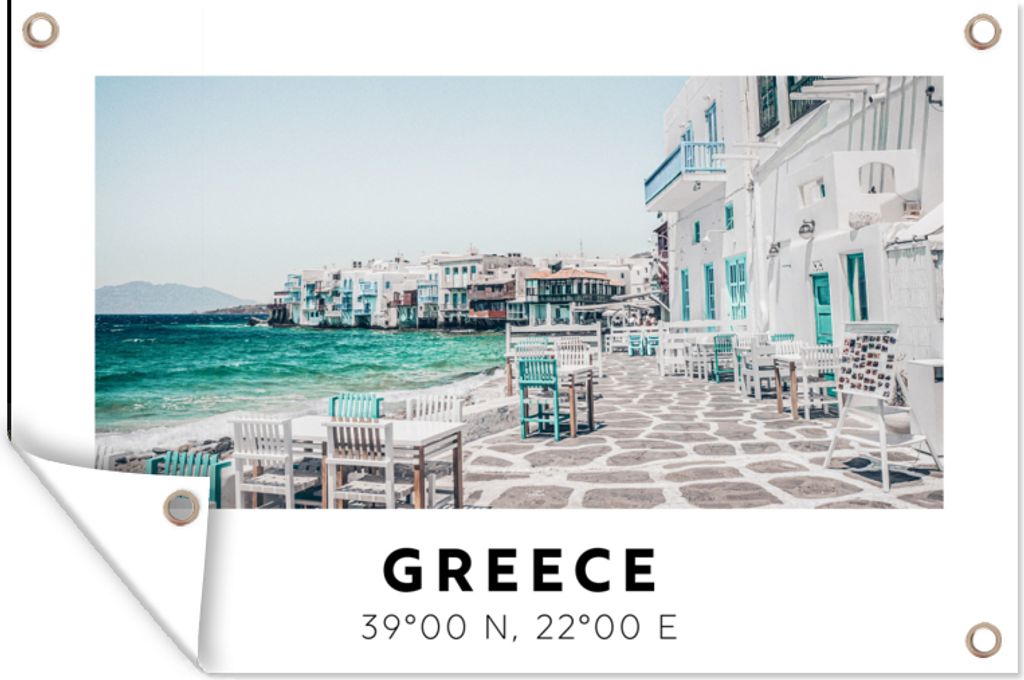 MuchoWow 120x80 cm Outdoor-Poster Gartendeko Sichtschutz Garten Poster für den Garten Griechenland - Blau - Meer - Stühle