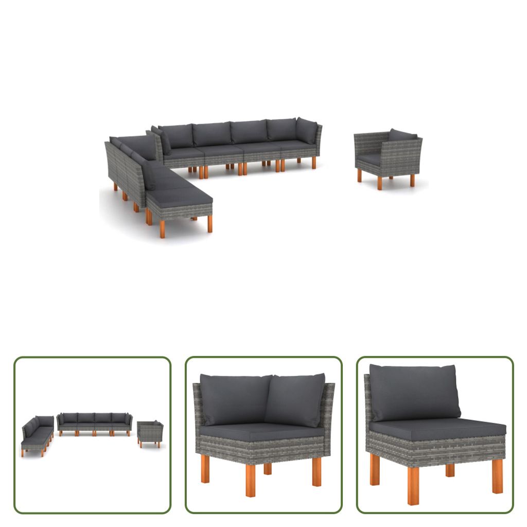 The Living Store 9-tlg. Garten-Lounge-Set Poly Rattan und Eukalyptusholz Grau