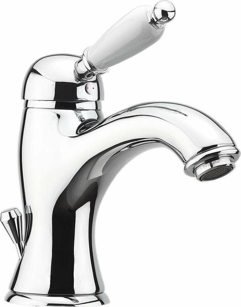A close-up studio shot of a single chrome and white faucet against a white background.