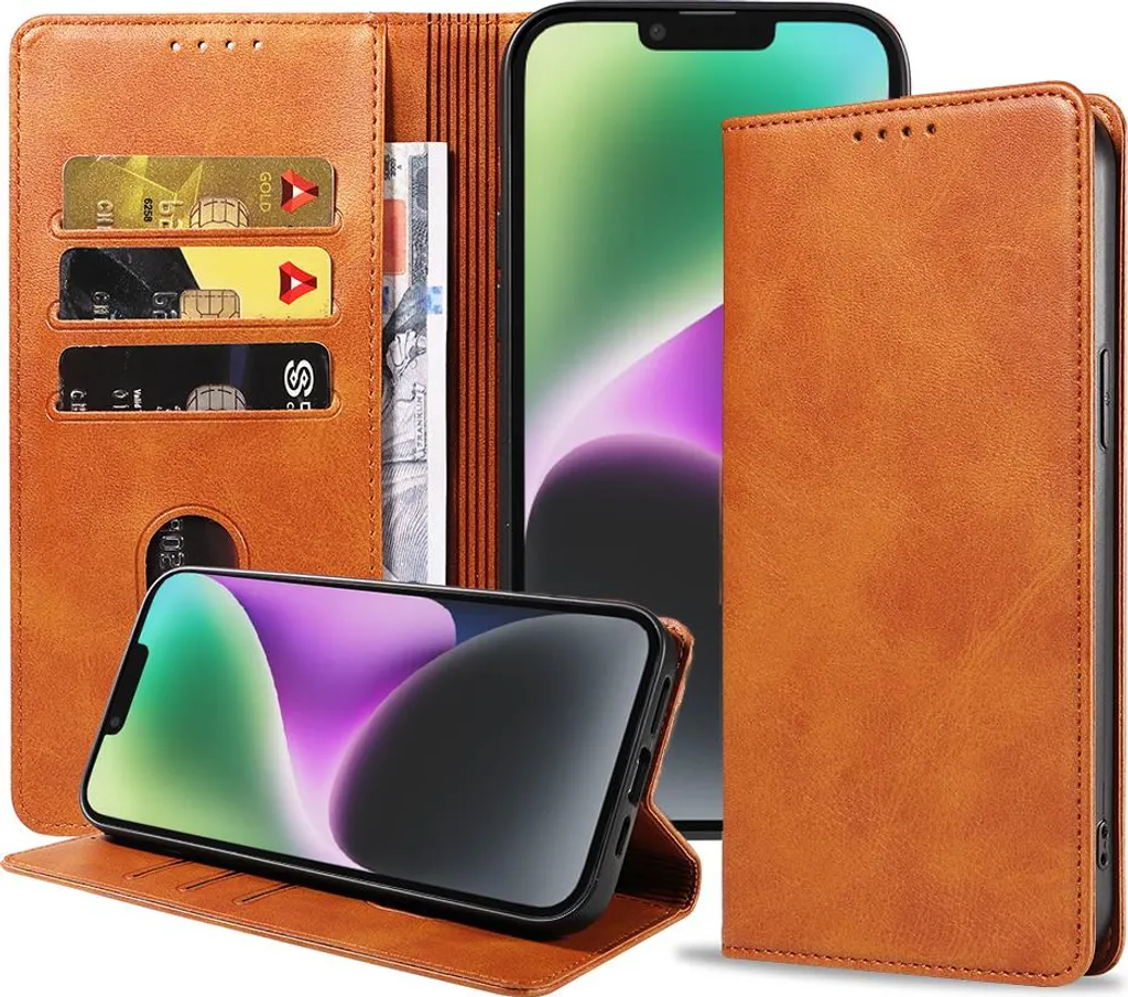 Smartphonica iPhone 14 Plus custodia in ecopelle con chiusura magnetica e portacarte a libro - Marrone