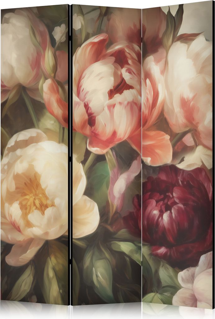 3-teiliger Einseitiger Vlies Paravent - Blooming Peonies - Charismatic Flowers Bathed in Sunlight 135x172 cm Blumen b-H-10022-z-a