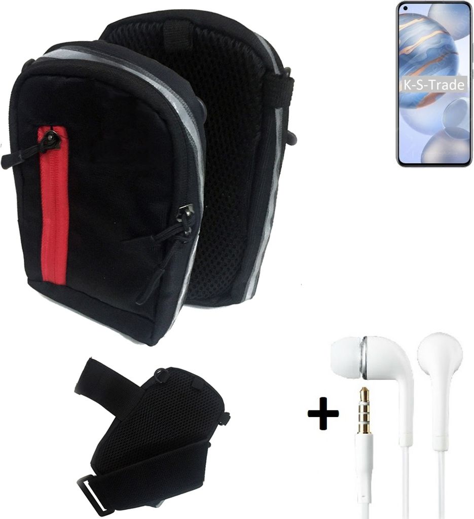 K-S-Trade Outdoor Gürteltasche Holster Umhängetasche + Kopfhörer kompatibel mit Huawei Honor 30 schwarz Handy Tasche Case travelbag Schutzhülle