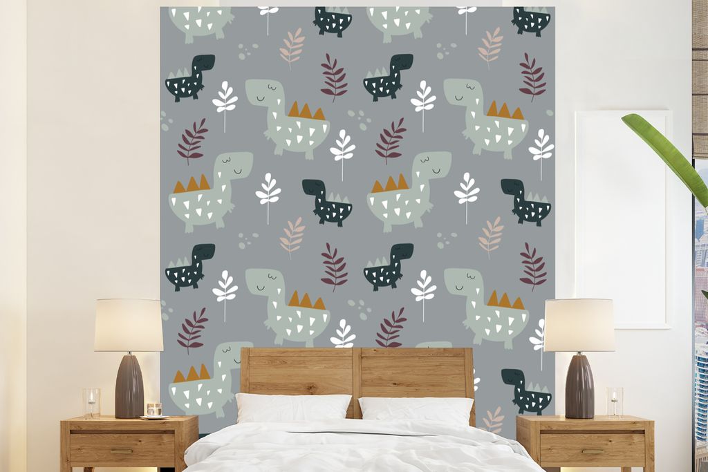 MuchoWow Fototapete für Wohnzimmer oder Schlafzimmer Wandtapete Vinyl Motivtapete Muster - Jungen - Kinder - Dinosaurier - 180x220 cm - Tapezier...