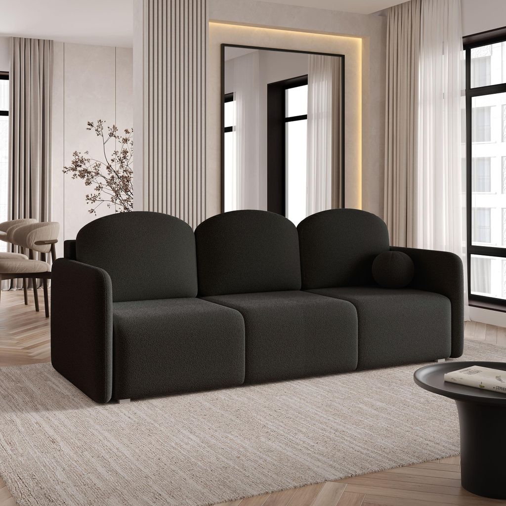 Sofa SUVI III mit Schlaffunktion, Schlafsofa, Wohnzimmersofa, Couch, Soffa, Bettsofa, Bucle-Stoff – Schwarz QUELLE 100