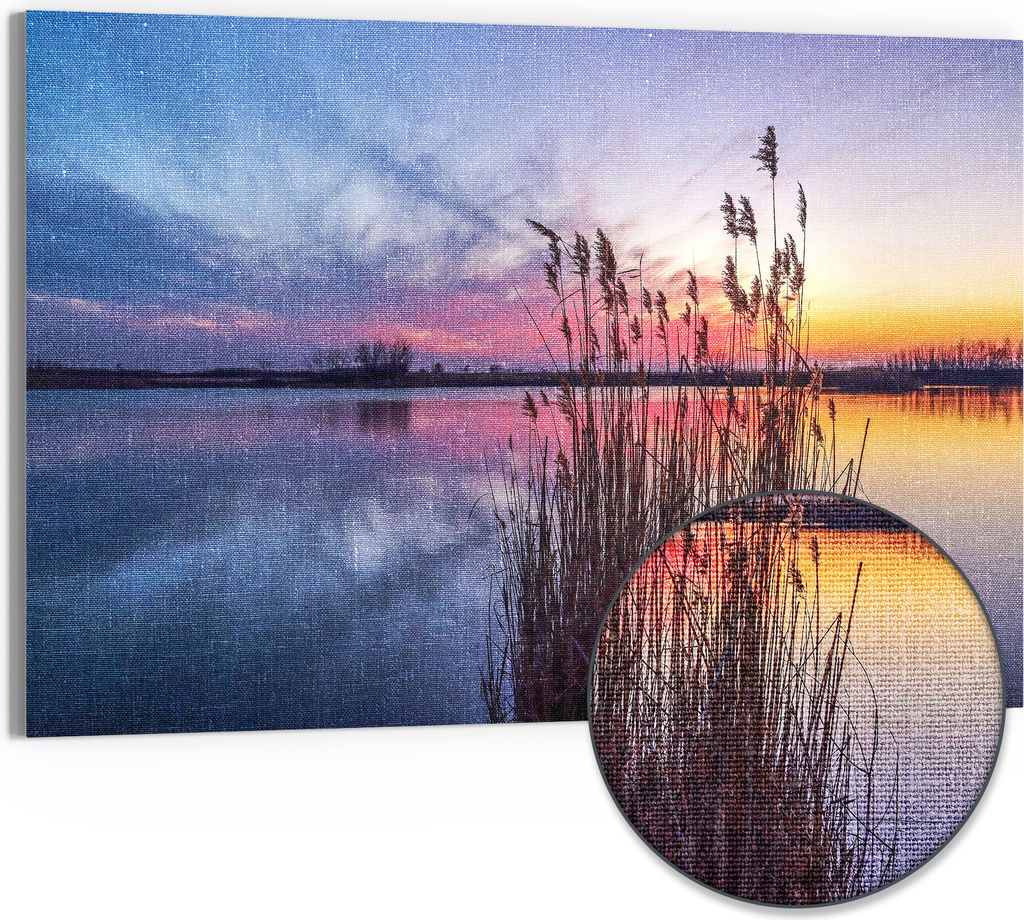 DEQORI Hybrid Leinwand Bild 90x60 cm 'Abendstille am See' Wandbild Glas flach modern