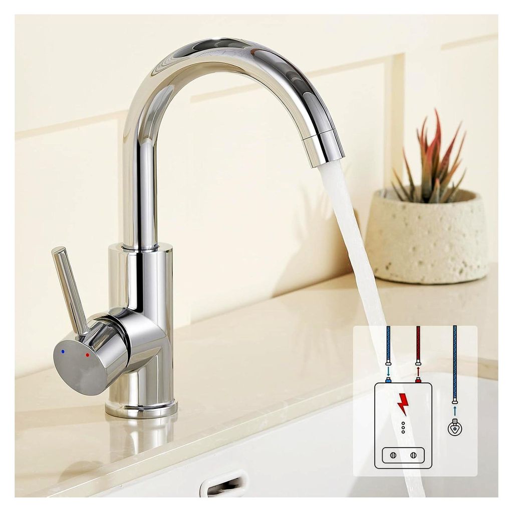 Niederdruck Küchenarmatur für Küche/Bad, 360° drehbarer Wasserhahn mit 3 Anschlüssen für Boiler, verchromter Messing Wasserhahn für das Bad